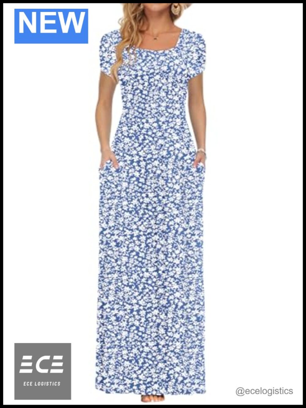 Petal Short Sleeve Square Neck Maxi Dress with Pockets Casual
